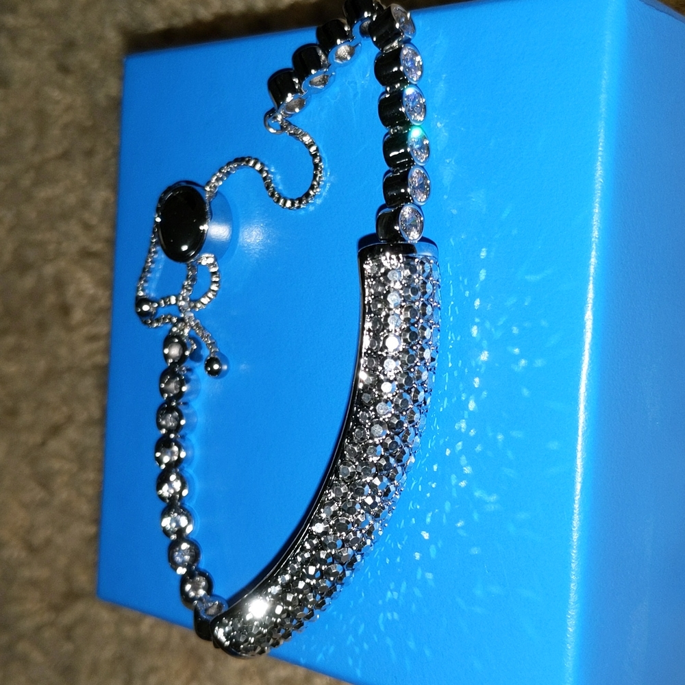 Pave and crystal silver tone adjustable bolo bracelet by Joan Boyce
